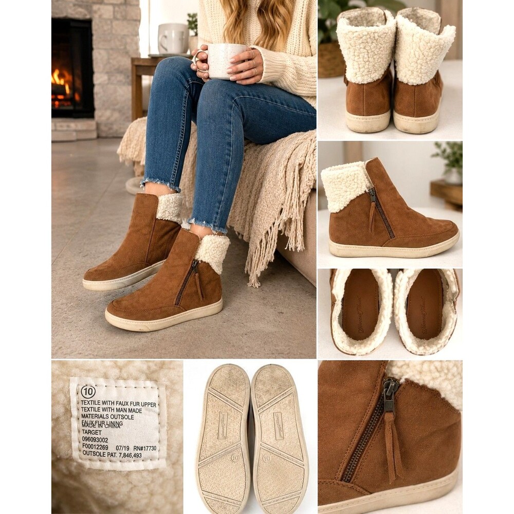 Universal Thread Faux Shearling Sneaker Boots Women10 Brown Cozy Winter Zip
